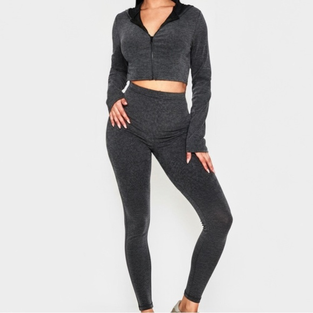 PrettyLittleThing Shape Gray Ribbed Legging Hoodie Set